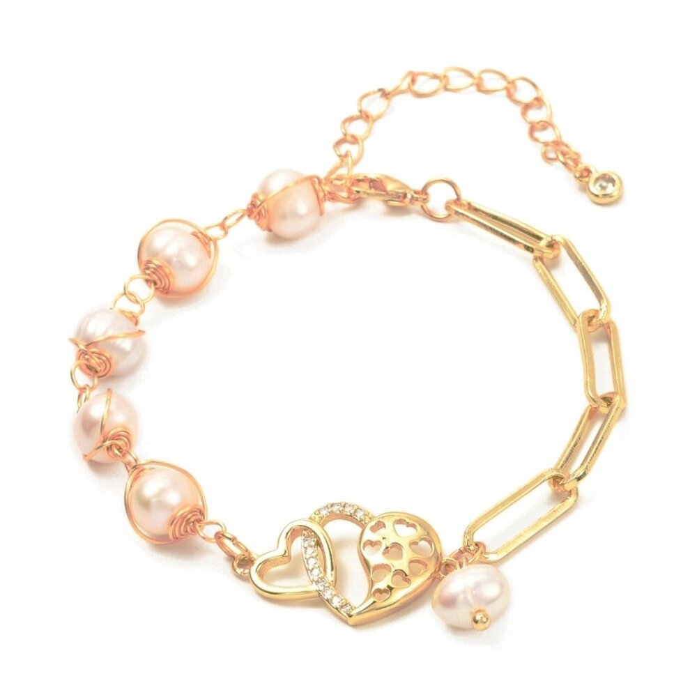 NWOT Wire wrapped natural Pearls W Gold Paperclip chain two heart Bracelet